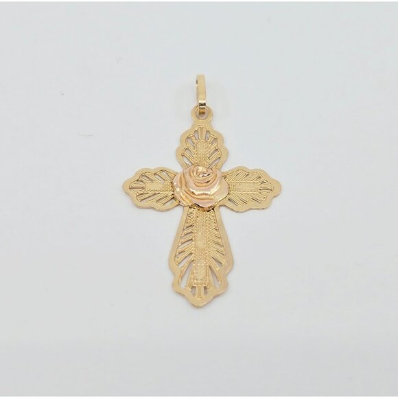 Unique 14K Two Tone Multi Color Gold Religious Floral Flower Cross Charm Pendant - Picture 5 of 11